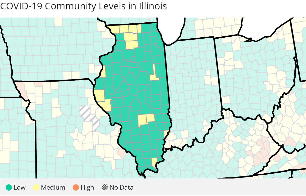 Here are the latest COVID-19 community levels in Illinois, per the U.S. Centers for Disease Control and Prevention.