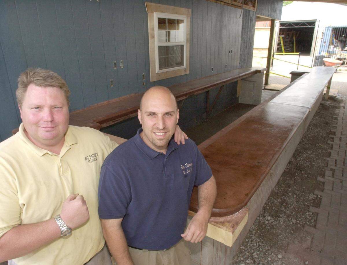 Partners James “Jimbo” Sinovic, left, and Scott Schmelzel are shown at Big Daddy’s 618 in 2006, about a year after they opened the restaurant and bar in Belleville. They were showing off their newly constructed outdoor bar.