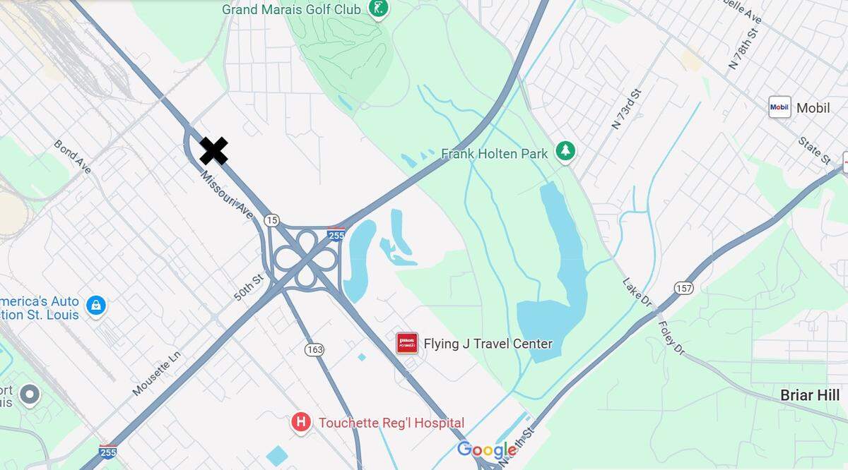 An X marks the location of a hit-and-run accident on Illinois 15 in Cahokia Heights that left two pedestrians, a male and female, dead on Sunday night. Police are investigating.