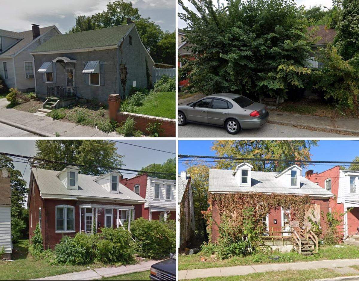 These satellite images show Belleville homes at 217 N. Jackson St., top row, and 221 N. Sixth St. in 2013 and 2023. Both were owned by Topstone Inv CAH 1 as of 2022, the most recent year for online county parcel searches.