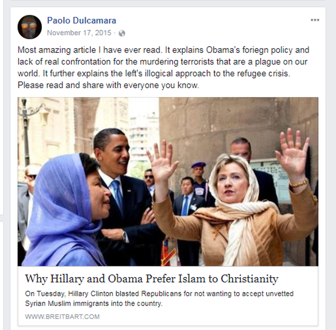 Paolo Dulcamara shared conservative-leaning Breitbart News links and Milo Yiannopoulos commentary on his Facebook profile in 2015.