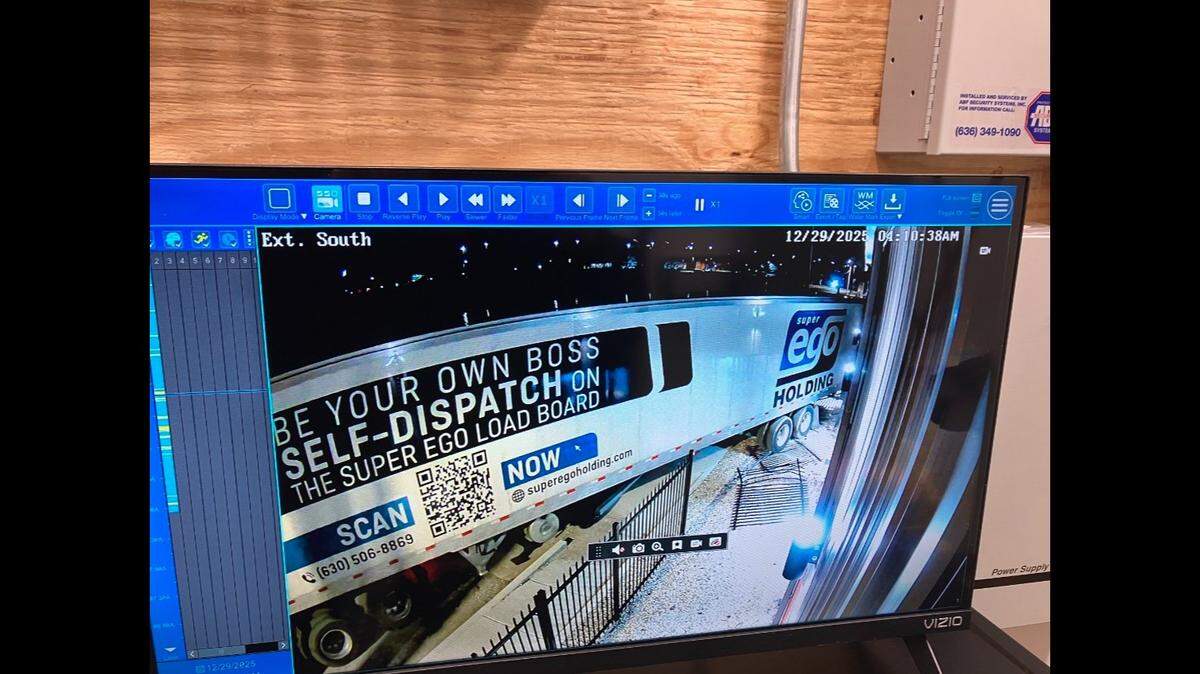 This is screenshot of a surveillance video that shows a truck hitting the JJK Wrestling Center in East St. Louis early Monday.