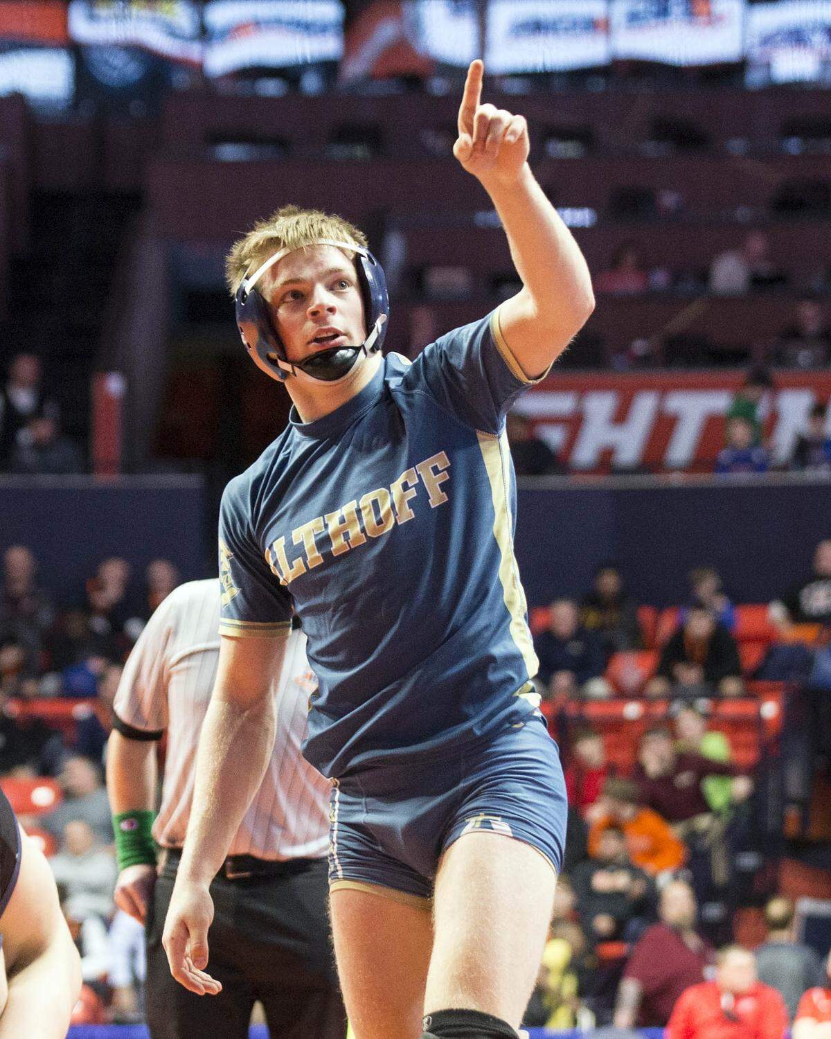 February 15, 2019 - Champaign, IL - Althoff Catholic’s Maxwell Kristoff points to his fans after defeating Chicago Hope Academy’s Oliver Willisduring their 145-pound semifinal match at the Illinois High School Association Individual Wrestling State Finals. (Photo: Chris Johns)