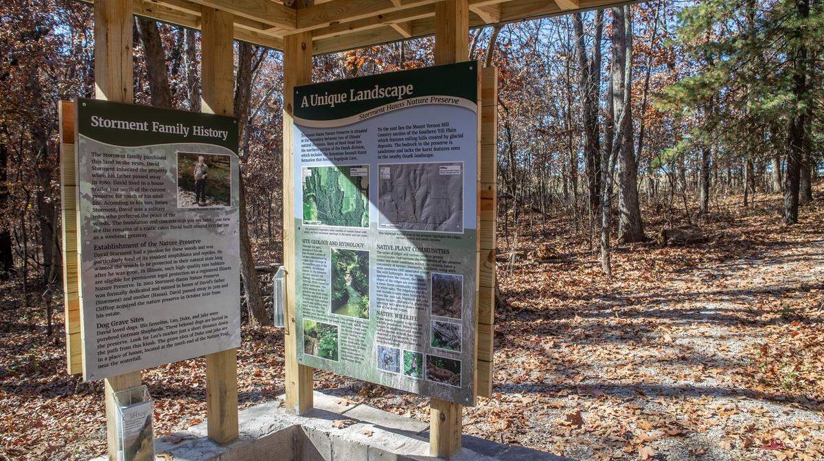 Clifftop’s Storment-Hauss Nature Preserve located 3326 Reed Road is open to the public. The 84-acre preserve protects 64-acres of mature upland oak-hickory forest and unique geology including sandstone bedrock that is exposed where streams cut through the preserve creating canyons, waterfalls and other features.