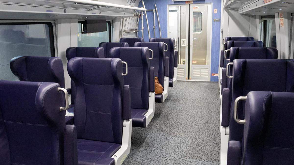 The interior of a new Siemens Venture passenger car is displayed at Chicago’s Union Station after a news conference on Monday, June 26, 2023, announcing faster rail service. Illinois is part of a multi-state consortium working to purchase 88 new single-level railcars that are fully accessible for persons with disabilities.