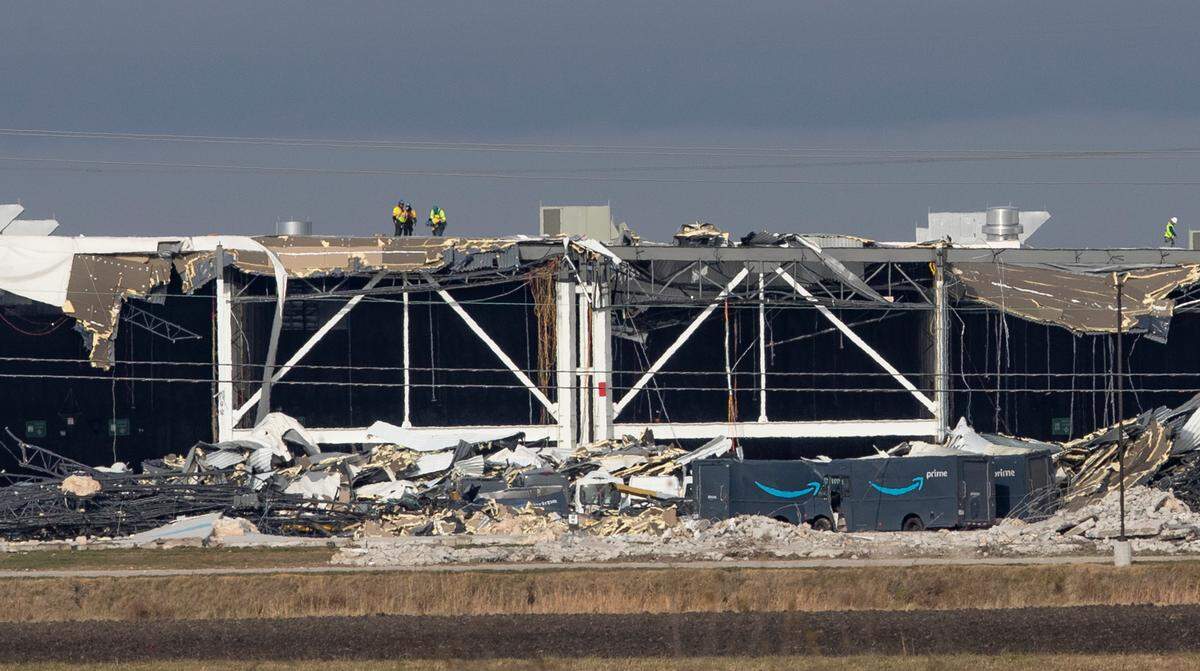 View of the tornado damaged Amazon warehouse in Edwardsville, Illinois. 6 people died in the structure after a tornado damaged the south section of the building.