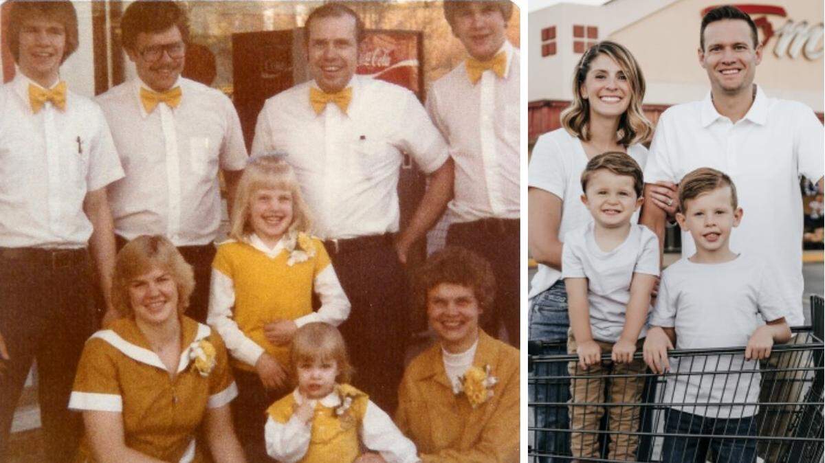 At left, the Norrenberns family, clockwise from upper left, T.J., Don, Tom, John, Betty Ann, Lisa, Ronda and Bonnie in the early days of Tom’s Supermarket. At right, T.J.’s son, Craig Norrenberns, his wife, Lauren, and their sons, Dean, 2, and Wade, 5.