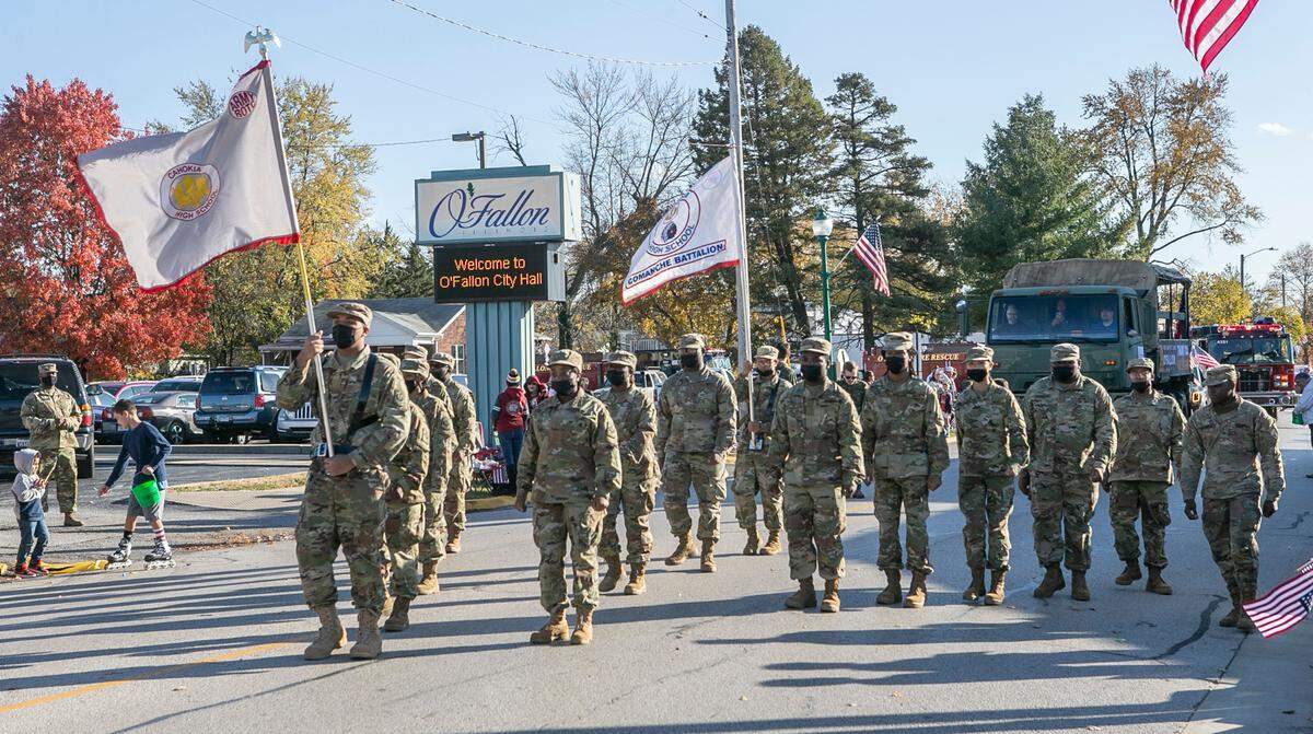Members of the Cahokia High School Army ROTC march in the O’Fallon Veterans Day Parade. This year’s event is scheduled for 11 a.m. Friday.