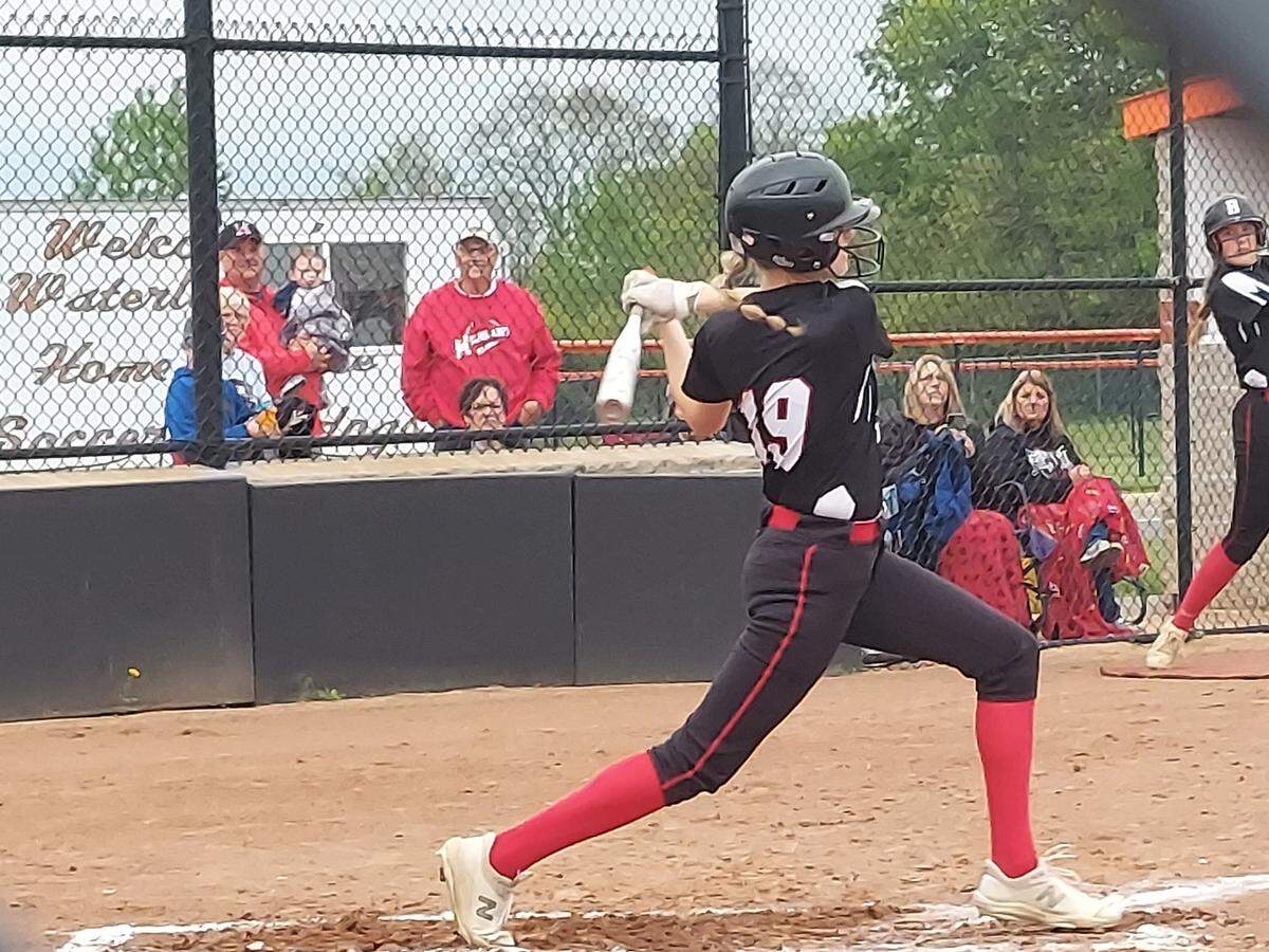 Highland’s Breanna Habermehl rips a shot toward center field during a Mississippi Valley Conference game this spring against Waterloo. Habermehl and Lady Bulldogs fell to Mahomet-Seymour in the IHSA Class 3A super-sectional at Millikin University in Decatur to finish the campaign at 22-10.
