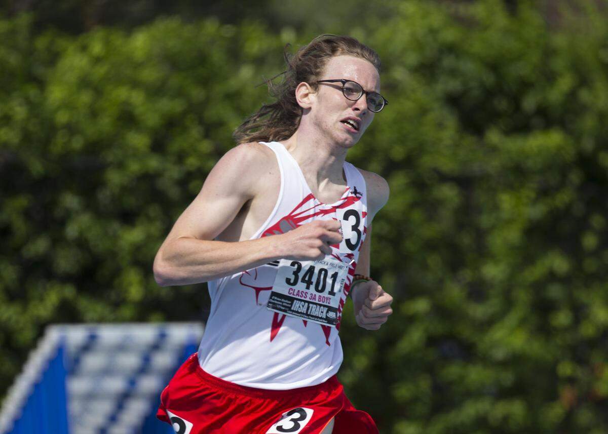 Granite City junior Andrew O'Keefe competes in the 1600-meter run championship race at the IHSA boys state track finals in Charleston. O'Keefe placed second in Class 3A, finishing less than one-tenth of a second behind the winner.