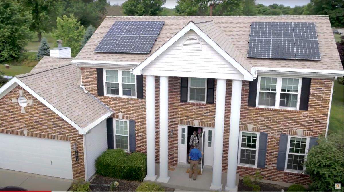 This photo shows rooftop solar panels on the Bassler home in The Orchards in Belleville, as seen from the air. The homeowners association has filed a lawsuit arguing that they violate subdivision rules.