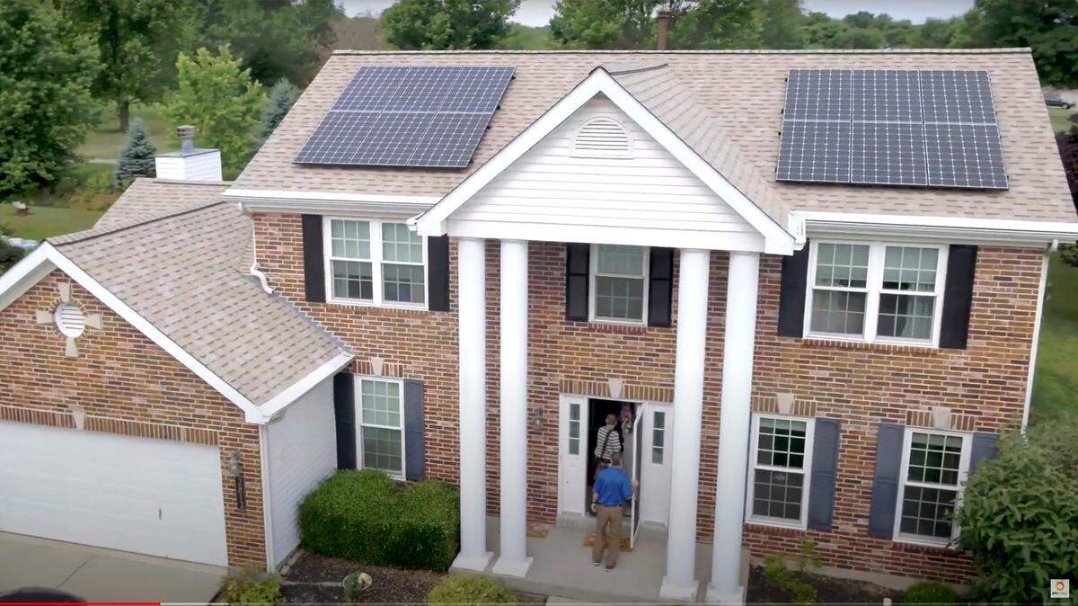 This photo shows solar panels on the front-facing roof of the Bassler home at The Orchards in Belleville, as seen from the air. The homeowners association has argued that they violate subdivision rules.
