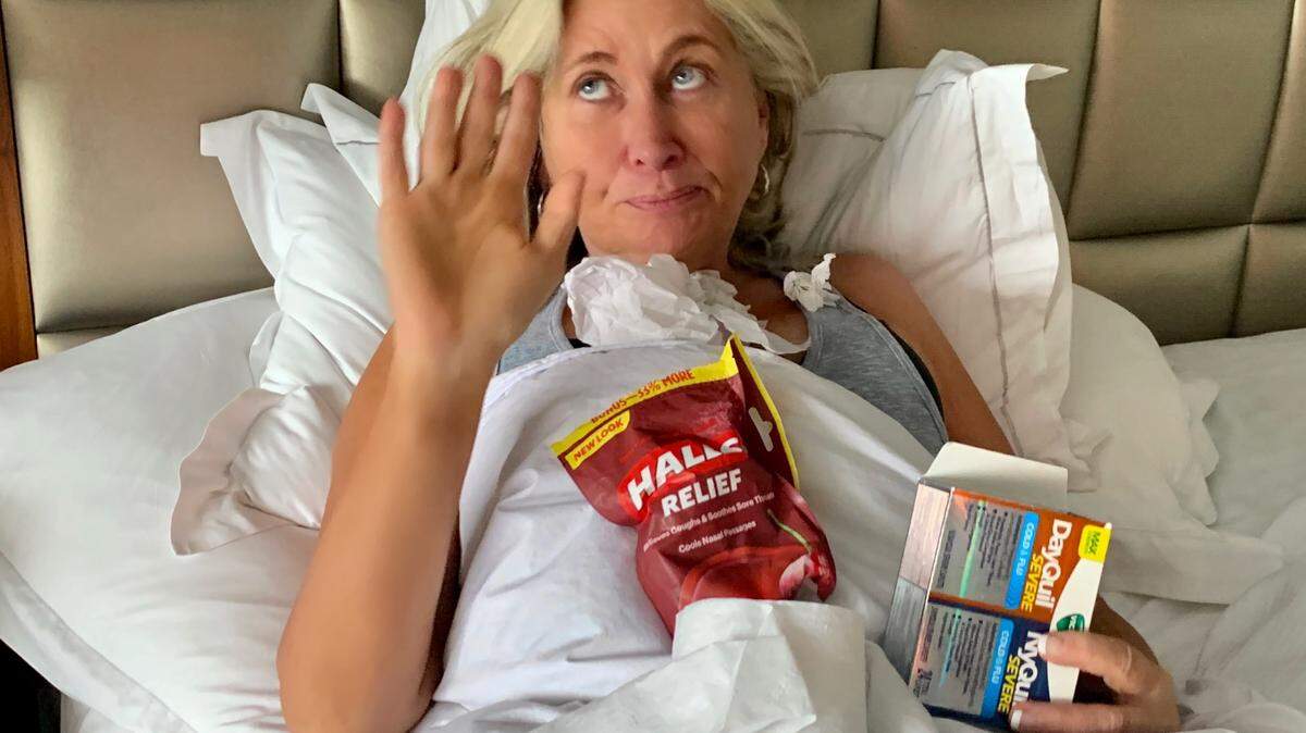 Michelle’s BFF, Lydia Kachigian, turned her into a photo op when she was sick on vacation. In this photo, she had run out of Kleenex and resorted to toilet paper for blowing her nose.