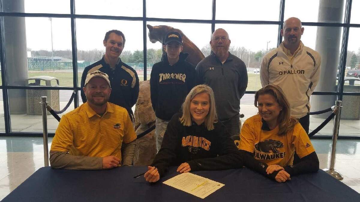 Sam Stutsman, a forward/midfielder, recently committed to the University of Wisconsin-Milwaukee. Front row from left are Art Stutsman, Sam, Stutsman and Jen Stutsman; back row, OTHS coach Justin Judiscak, Curt Stutsman, former OTHS coach Craig Dippel, OTHS athletic director Todd Moeller.