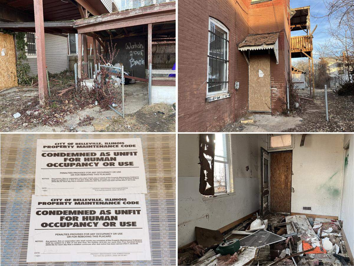 A notice on the front window of a building at 520 N. Illinois St. in Belleville deems it “unfit for human occupancy or use.” In back, squatters have strewn trash and debris inside and outside and painted graffiti on walls.