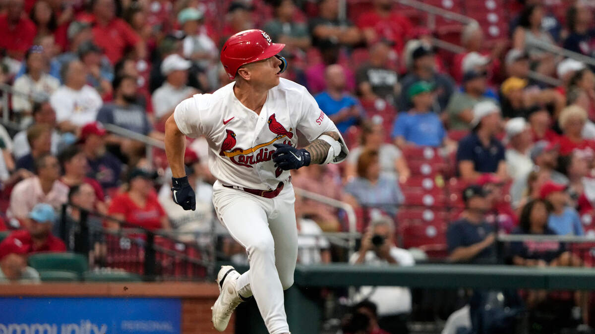 St. Louis Cardinals outfielder Tyler O’Neill watches his solo home run during the second inning against the Minnesota Twins on Wednesday, Aug. 2, in St. Louis. O’Neill and teammate Alec Burleson expressed temporary relief about not being moved to another club at the Major League Baseball trade deadline.
