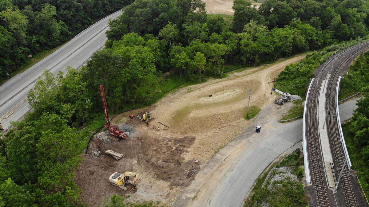 A photo showing progress on a new bike path near Belleville on June 4, 2024. The path runs along Dutch Hollow Road and is planned to stretch across Illinois 161 via a bridge. This photo shows where the trail will connect with an existing trail that runs parallel to the MetroLink tracks. The other side of the trail will link to North 66th Street off West Main Street.