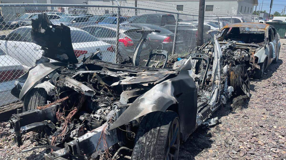 A Tesla electric car with Missouri dealer plates burned to its chassis after hitting a fire hydrant at a high rate of speed Monday morning, Brooklyn Police said.