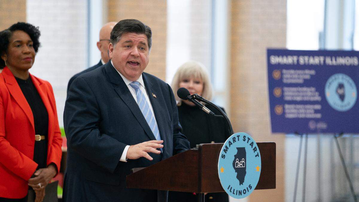 Illinois Gov. J.B. Pritzker speaks at Ellis Elementary in Belleville on Jan. 17, 2024, while Lt. Gov. Juliana Stratton, Harmony-Emge 175 Superintendent Dustin Nail and Mayor Patty Gregory watch on. Pritzker visited the school to discuss the implementation of his “Smart Start Illinois” plan, a multi-year initiative to transform early childhood education and care across the state.