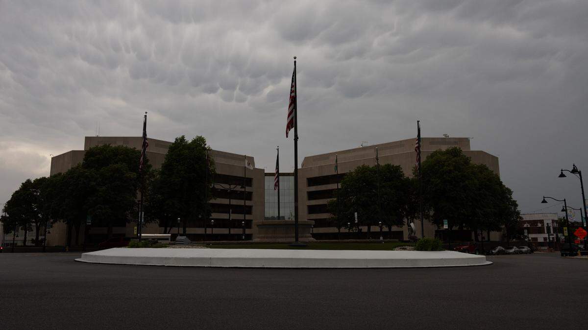 Stormy weather outside of St. Clair County Courthouse on May 8, 2024.