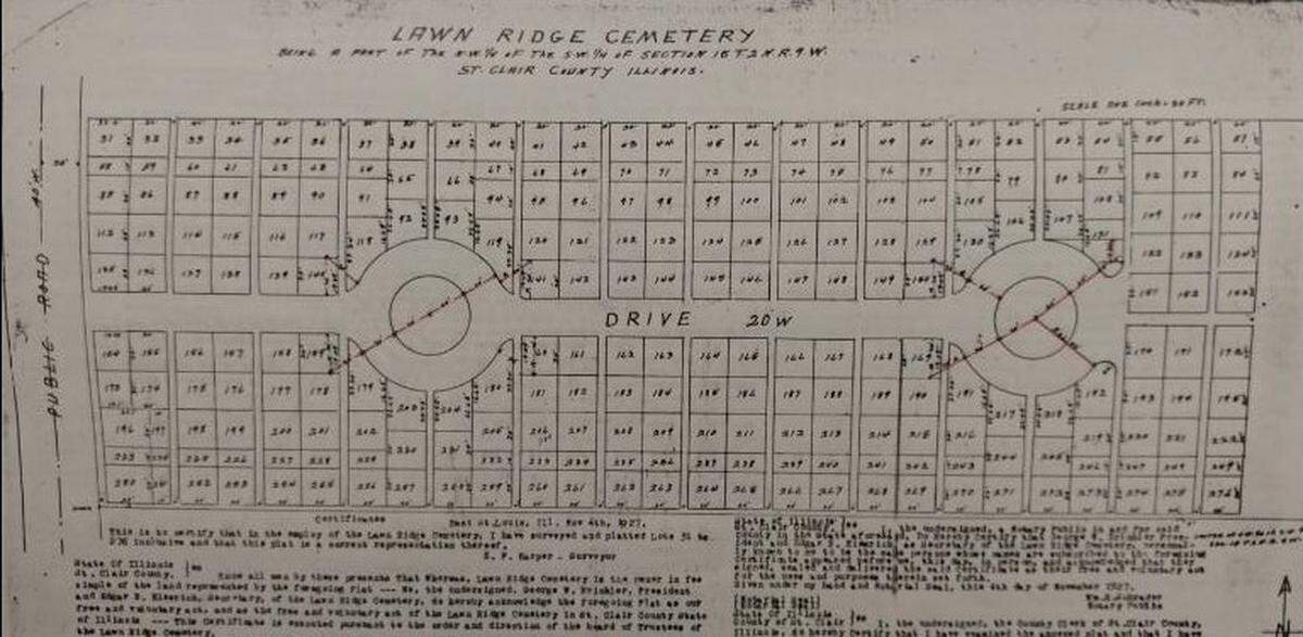 This 1927 map shows Lawn Ridge Cemetery, a predominantly Black cemetery that was moved in the 1960s to make way for construction of Interstate 64 and its Illinois 111 interchange.