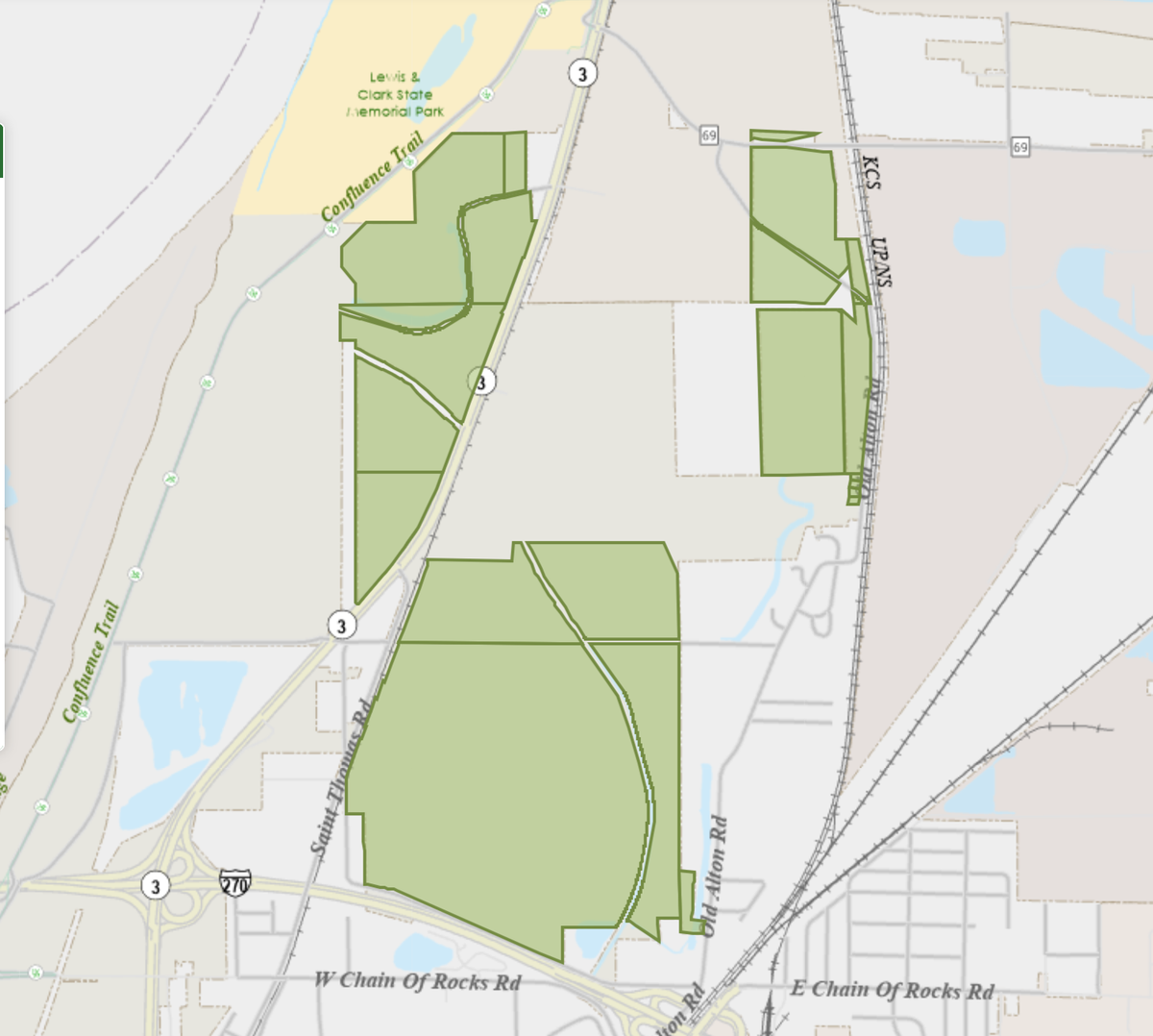 This map shows undeveloped land America’s Central Port District owns, mostly in Granite City. It bought more than 1,000 acres from Ameren in 2024 and a few more parcels the following year to expand footprints and make them more attractive for large development.