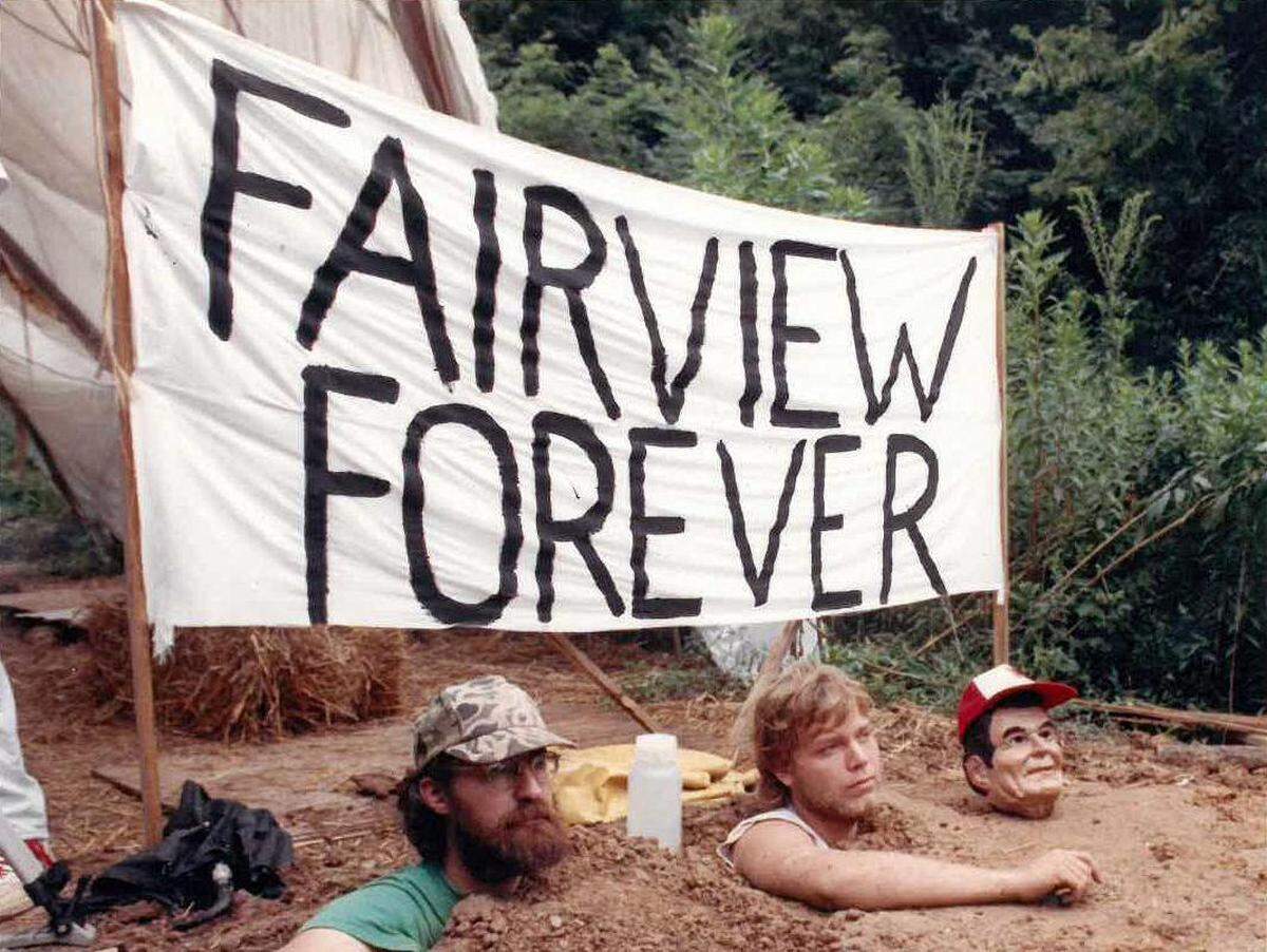 Protesters buried themselves up to their necks in an effort to stop planned logging at Fairview in the Shawnee National Forest in this 1990 file photo.