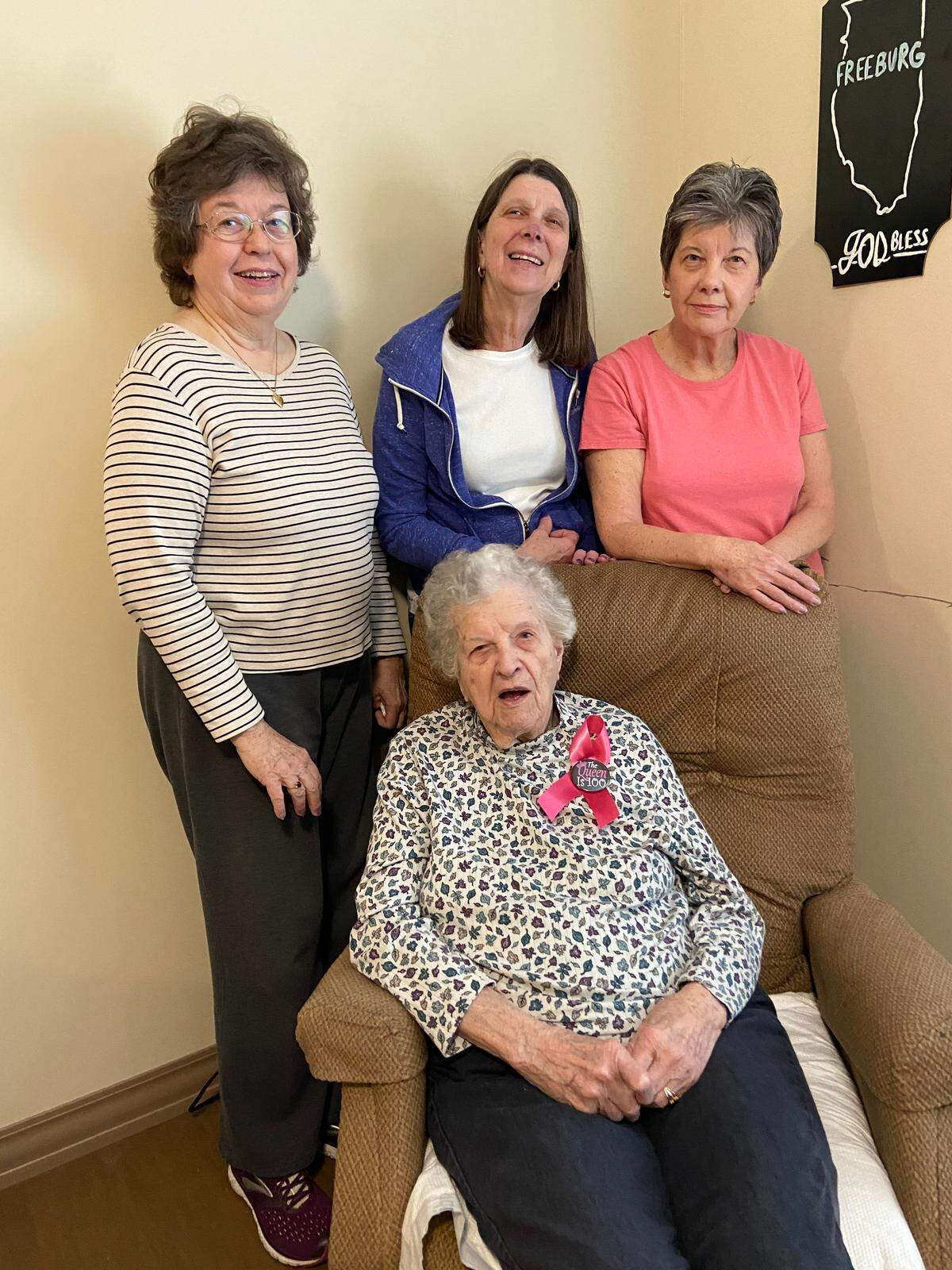 Mabel Nollau and her daughters, from left, Barbara Aumann of Mesa, Ariz., Judy Berowski of New Athens and Mary Beth Kujawski of Hecker, at a Memory Care Cottage at Cedar Trails Senior Living in Freeburg.