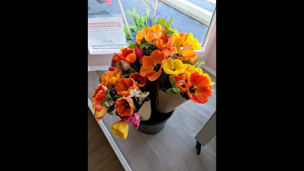 Flower arrangement from Jypsy Hill available for purchase at Azúcar, Old City Bakery, in Collinsville