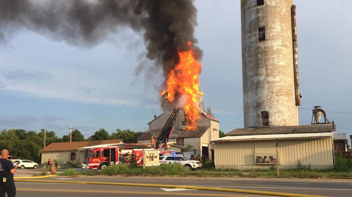 Fire at the grain silo along U.S. 40 in Troy.