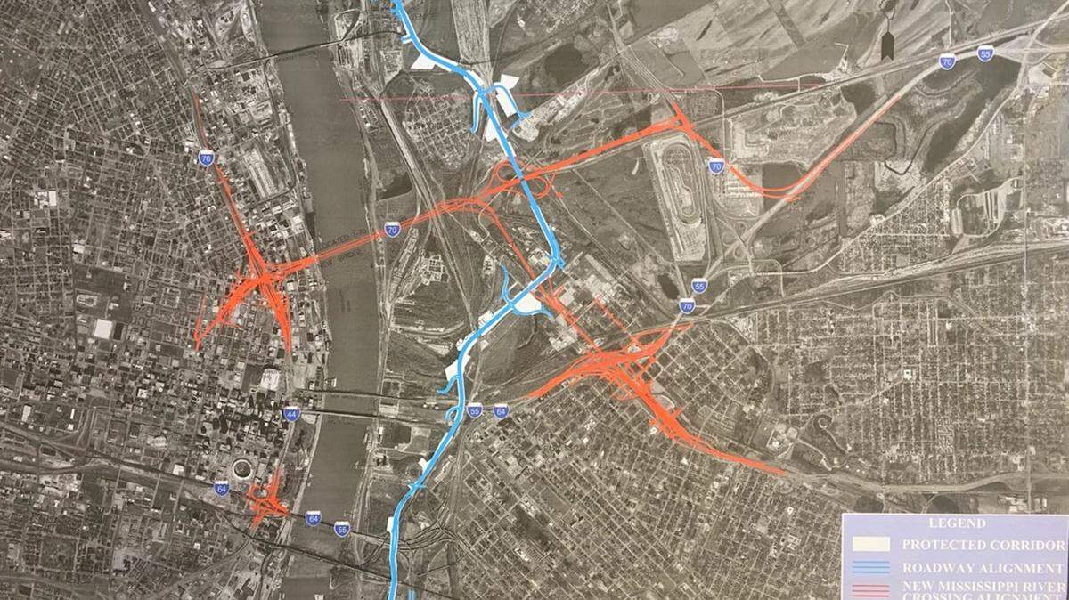 This map shows two massive, long-term road projects planned in the metro-east, including the relocated Illinois 3 in blue and two highways leading to Stan Musial Veterans Memorial Bridge in orange.