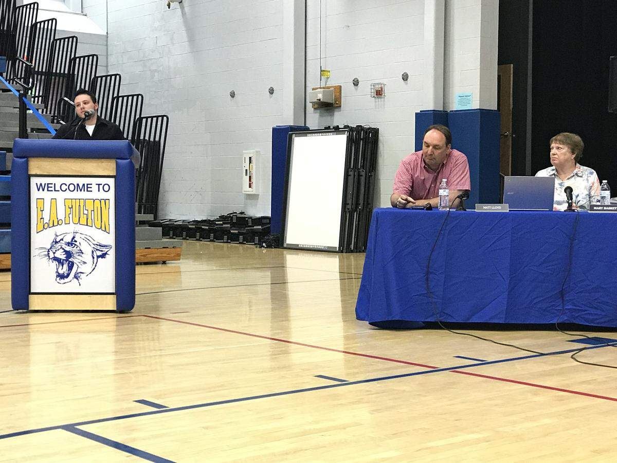CJ Casconi, a transgender man who grew up attending O’Fallon schools, speaks at the June 4, 2018, O’Fallon District 90 School Board meeting. Casconi was one of 15 calling for board member Steve Springer’s resignation during the meeting.