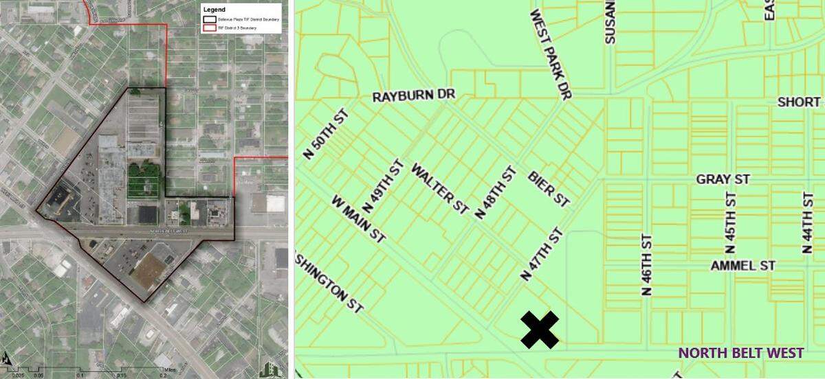 The map at left shows the tentative boundary for a proposed tax-increment-financing district in Belleville that would include Bellevue Park Plaza at West Main Street and North Belt West.