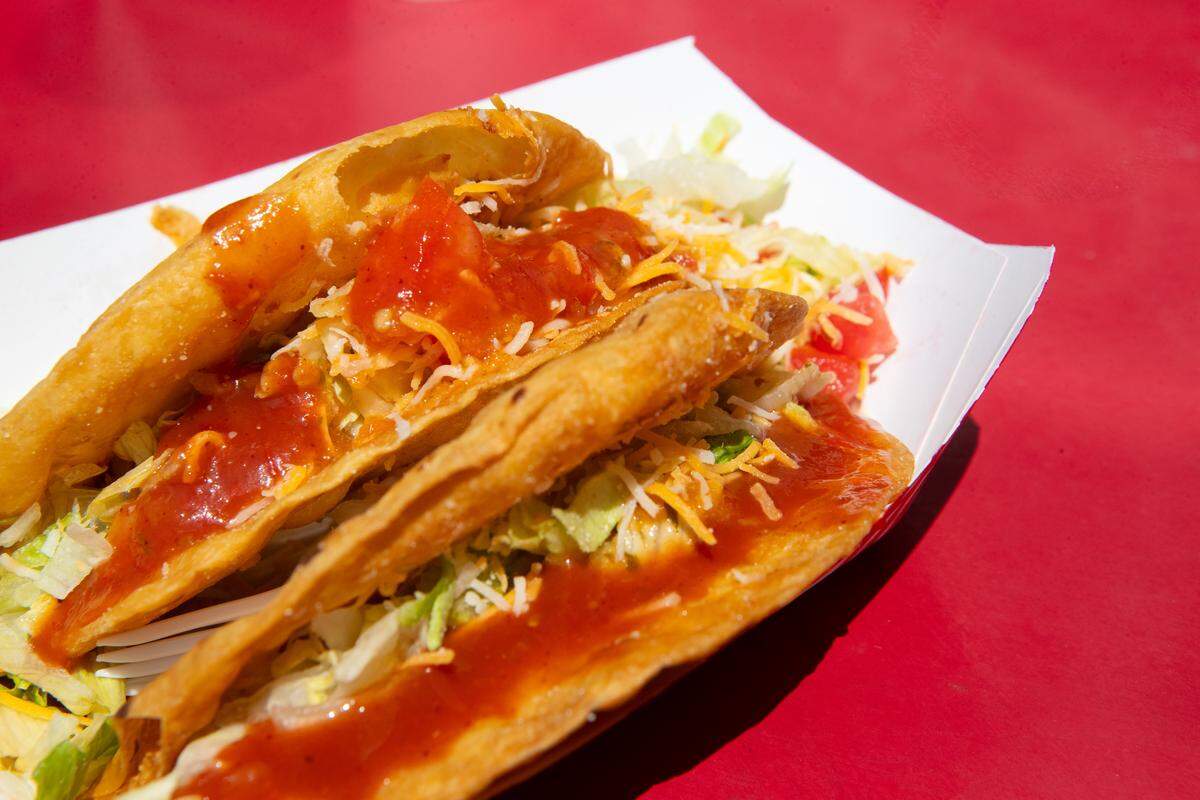 Beef super tacos from Bert’s Chuckwagon in Collinsville feature home-made crunchy fried taco shells.