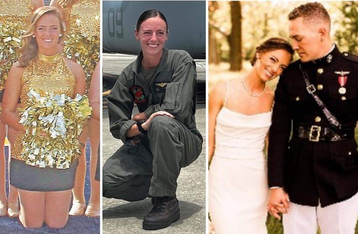 Capt. Eleanor “Ellie” Cooke, formerly LeBeau, is shown with the dance team at Murray State University, left to right, as a U.S. Marine Corps pilot and at her wedding to fellow Marine Chase Cooke. She died in an Osprey crash on Aug. 27, 2023.