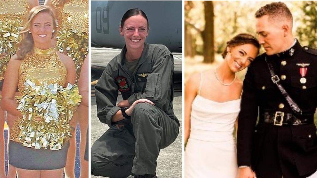 Capt. Eleanor “Ellie” Cooke, formerly LeBeau, is shown with the dance team at Murray State University, left to right, as a U.S. Marine Corps pilot and at her wedding to fellow Marine Chase Cooke.