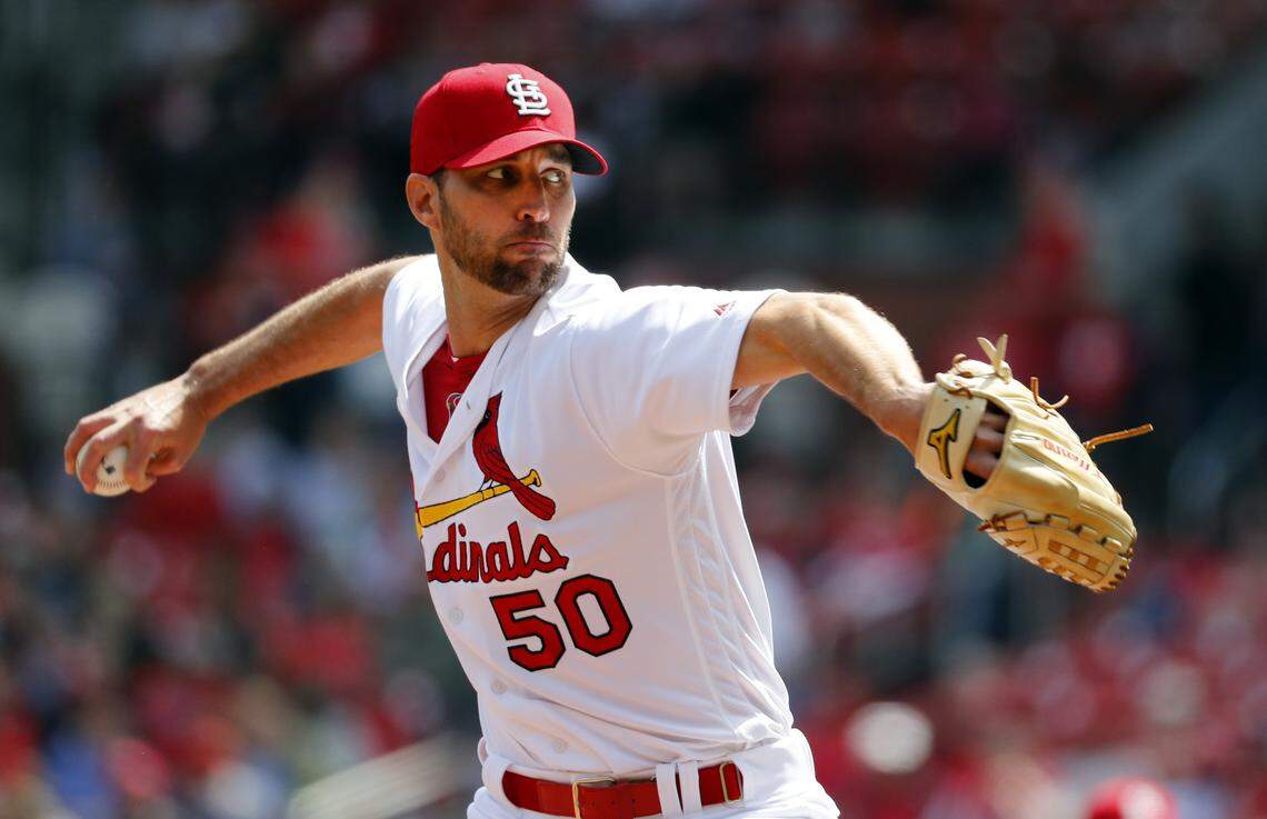 St. Louis Cardinals starting pitcher Adam Wainwright throws during the first inning of a baseball game against the Milwaukee Brewers.