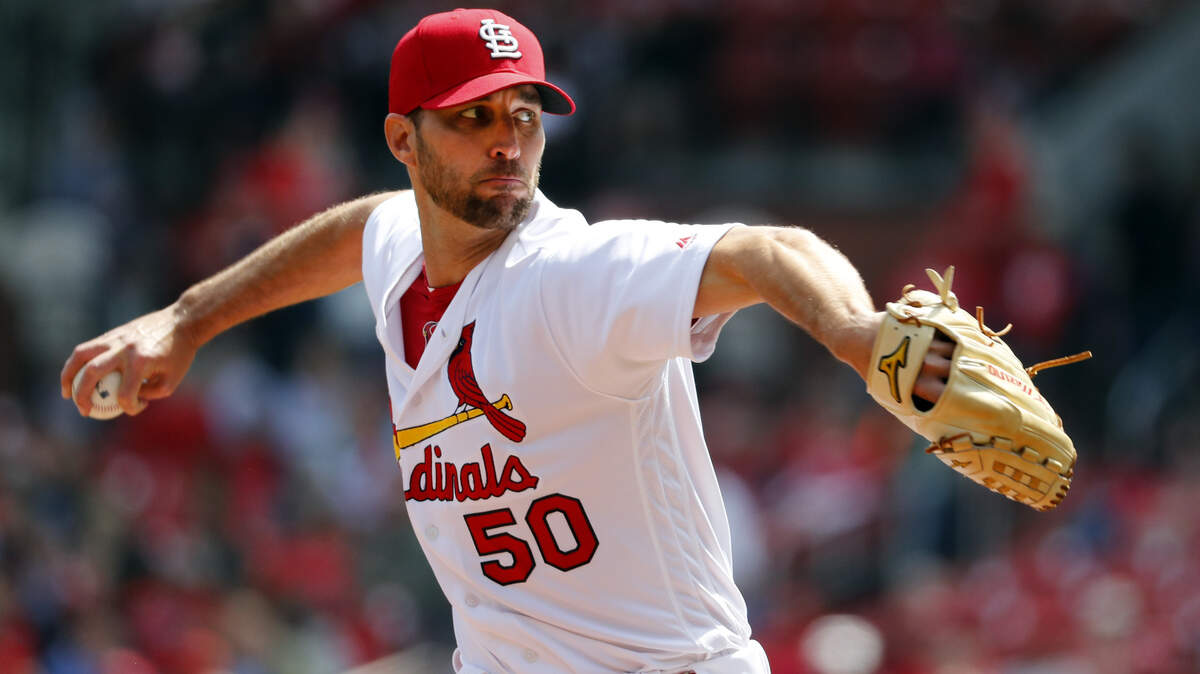 St. Louis Cardinals starting pitcher Adam Wainwright throws during the first inning of a baseball game against the Milwaukee Brewers.