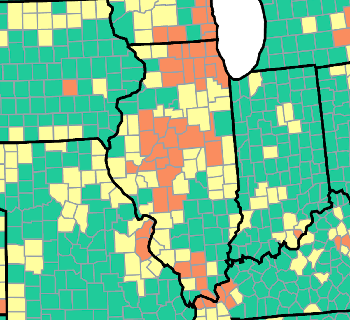 This map from the U.S. Centers for Disease Control and Prevention shows COVID-19 community levels by Illinois county as of Friday, June 10.
