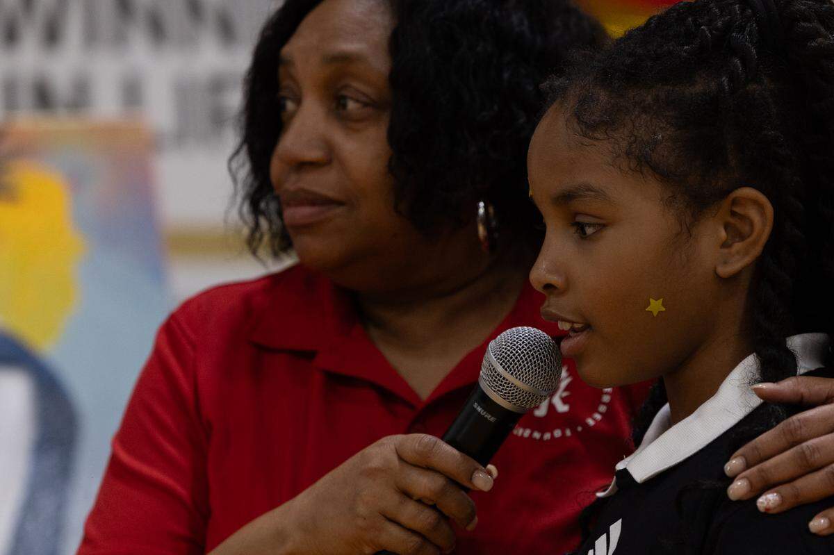 Students join in a Q&A session with Jackie Joyner-Kersee during an event for Women and Girls in Sports Day at the Jackie Joyner-Keree Center in East St. Louis on Feb. 25.