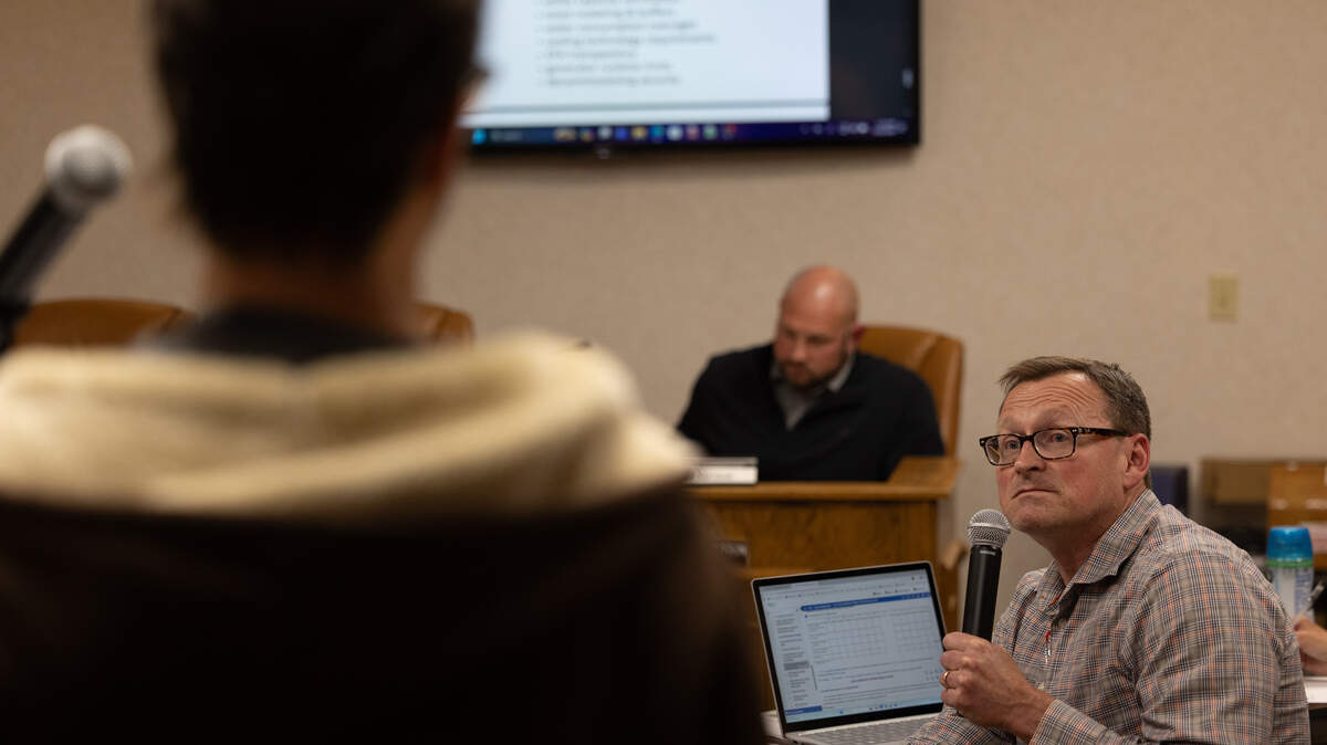 Troy city engineer Tom Cissell answers a resident’s question about data centers during the March 12, 2026, Troy planning commission meeting. During the meeting, the commission voted to advance a six-month moratorium on data center proposals.