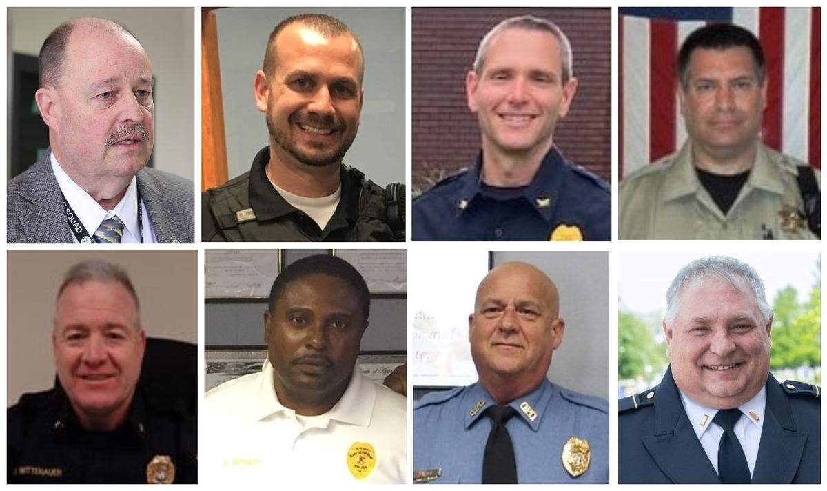 Police representatives, clockwise from top left, include St. Clair County Capt. Bruce Fleshren, Smithton Police Chief Jason Neff, Millstadt Police Chief Alan Hucke, New Athens Police Chief Leo Simburger, Fairview Heights Deputy Police Chief C.J. Beyersdorfer, O’Fallon Lt. Craig Koch, Washington Park Police Chief Allen Bonds and Shiloh Police Chief Rich Wittenauer.