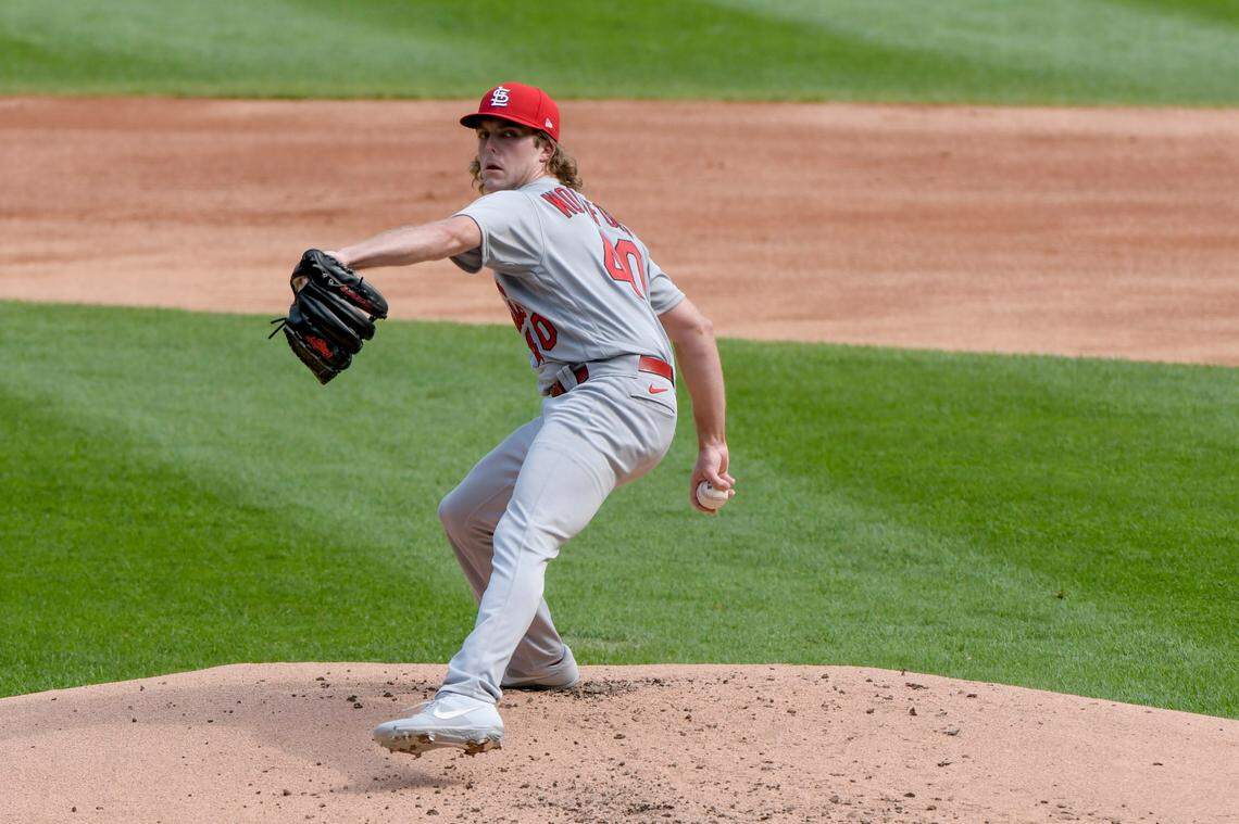 St. Louis Cardinals starting pitcher Jake Woodford (40) delivers during the first inning in Game 2 of a double-header baseball game Saturday, Aug. 15, 2020, in Chicago. (AP Photo/Mark Black)
