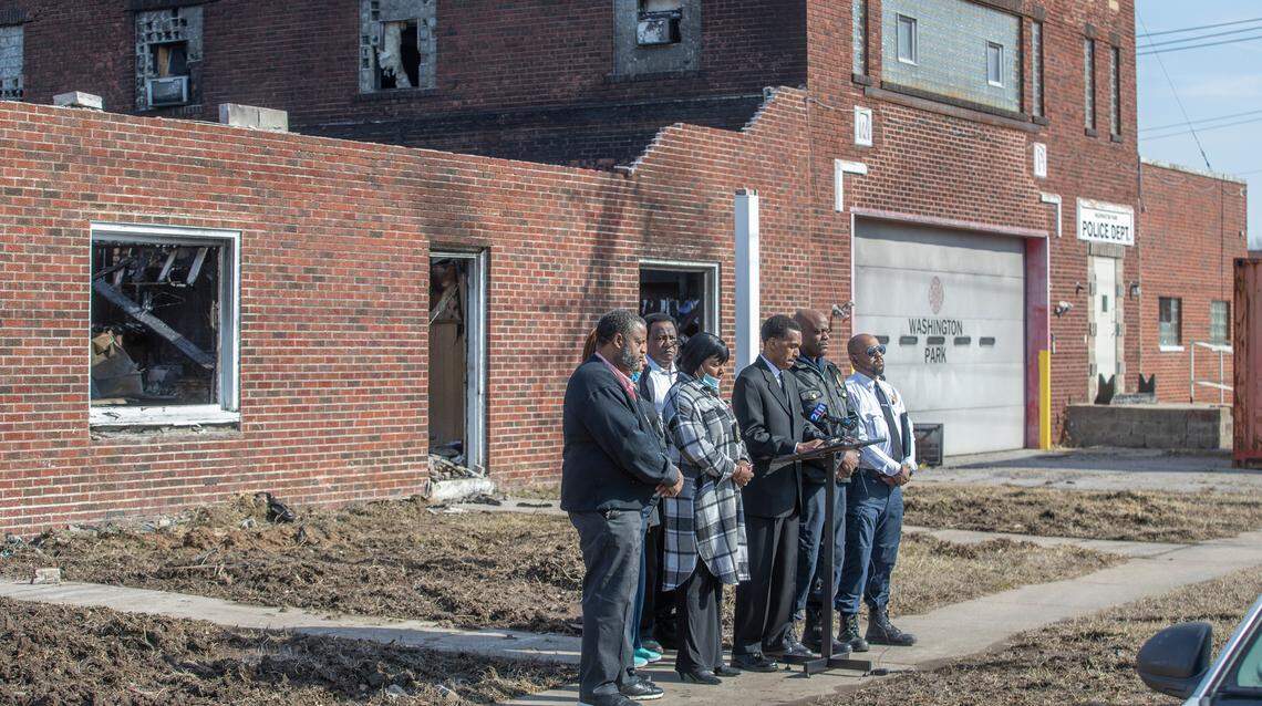 Surrounded by Washington Park city officials, Mayor Leonard Moore speaks about the lack of response and funding the city has gotten after their building that housed fire, police and other departments was destroyed by fire.