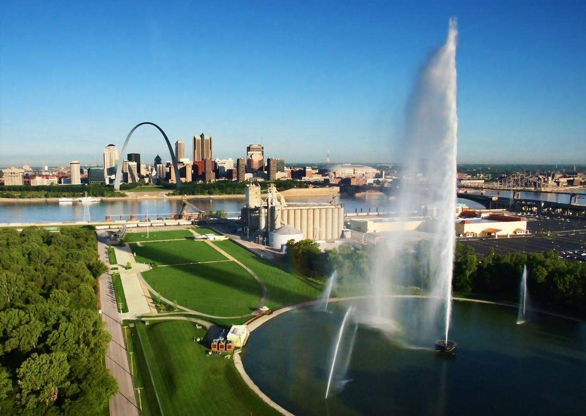 The Gateway Geyser at Malcolm W. Martin Memorial Park in East St. Louis erupts at noon every day, weather permitting, spraying water up to 630 feet in the air for 10 minutes.