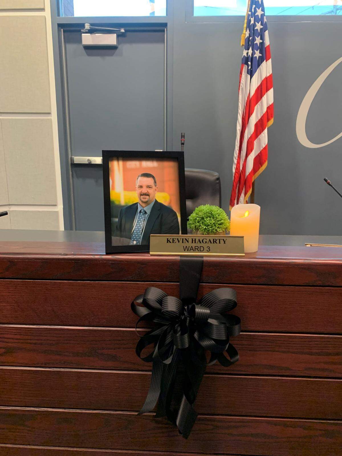 Pictured is a memorial at O’Fallon City Hall for Kevin Hagarty, 54, who passed away from natural causes Wednesday, March 30. Hagarty, originally from Belleville, had represented Ward 3 in O’Fallon since 2011.