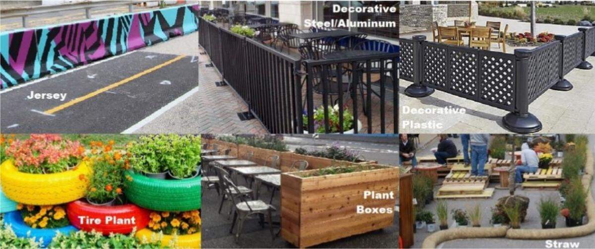 The city of Collinsville’s packet for restaurants planning to create or expand outdoor dining includes this illustration of possible barriers.