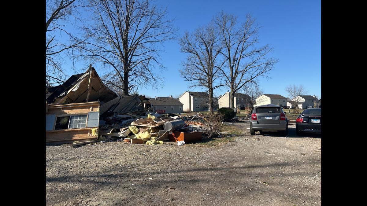 This is one of the Parkview mobile homes damaged in a tornado Friday night near O”Fallon.