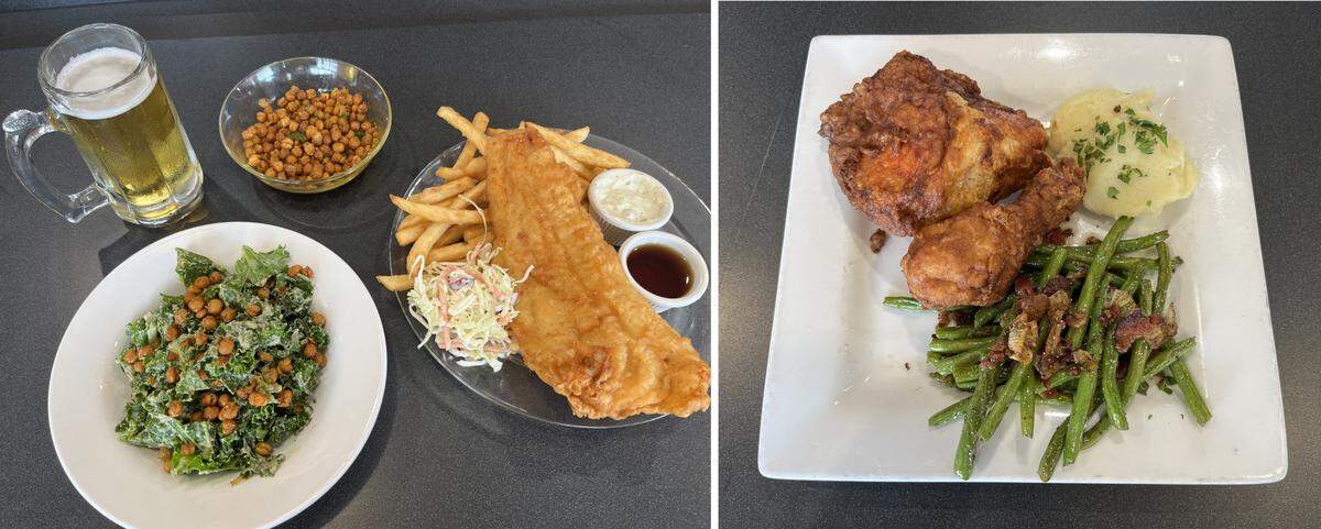 Charlie’s Place in Belleville will serve Stag-battered haddock on a brioche bun with house chips or fries, right in photo at left; and a kale salad with toasted chick peas, which also can be an appetizer. The chef is putting his own twist on fried chicken dinners that were popular at the old bar and restaurant before it closed.