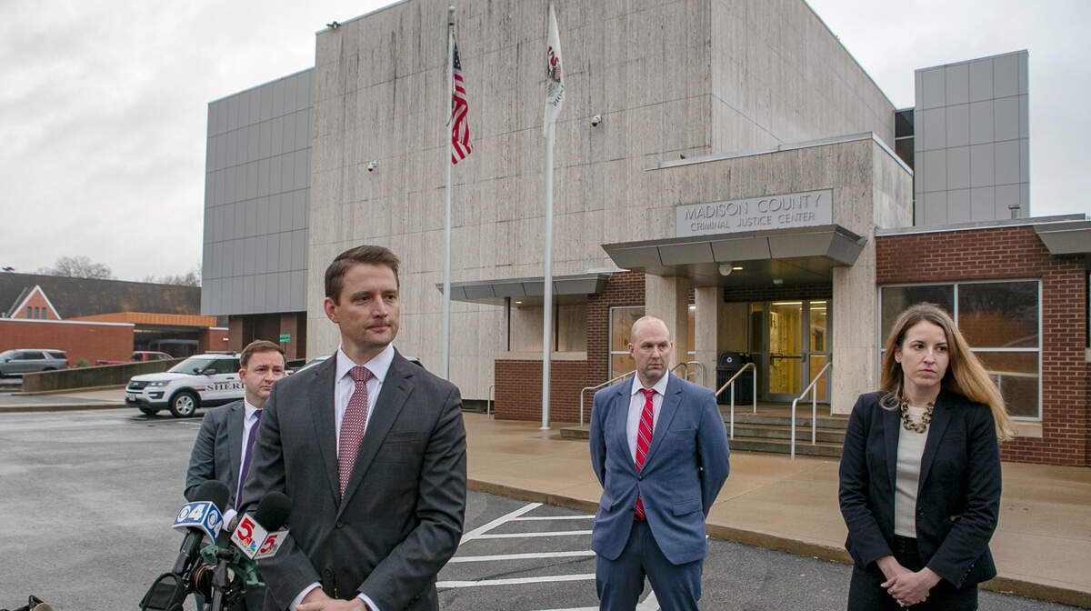 State’s Attorney Tom Haine speaks with members of the media after the sentencing of Timothy Banowetz in the murder of Randy Gori of Edwardsville.